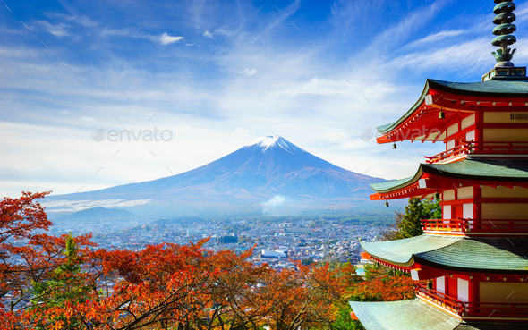 Mt. Fuji with Chureito Pagoda, Fujiyoshida, Japan - Stock Photo - Images