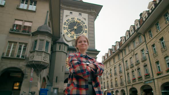 Portrait of Woman with Bern Landmark Clock Tower Zytglogge Switzerland Europe