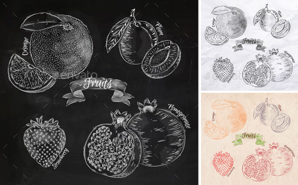 Fruits orange, pomegranate, strawberry graphics. - Food Objects