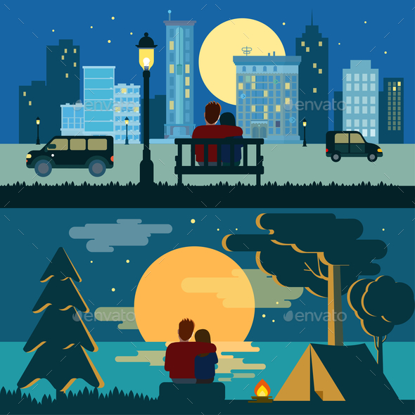 Couple Dating Night Landscapes - People Characters