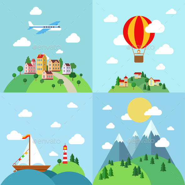 Set of Flat Outdoor Vacation Landscapes - Travel Conceptual