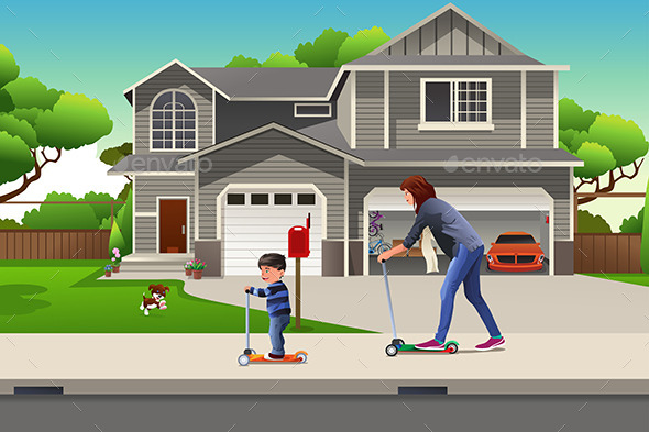 Mother and Son Riding a Scooter Together - People Characters
