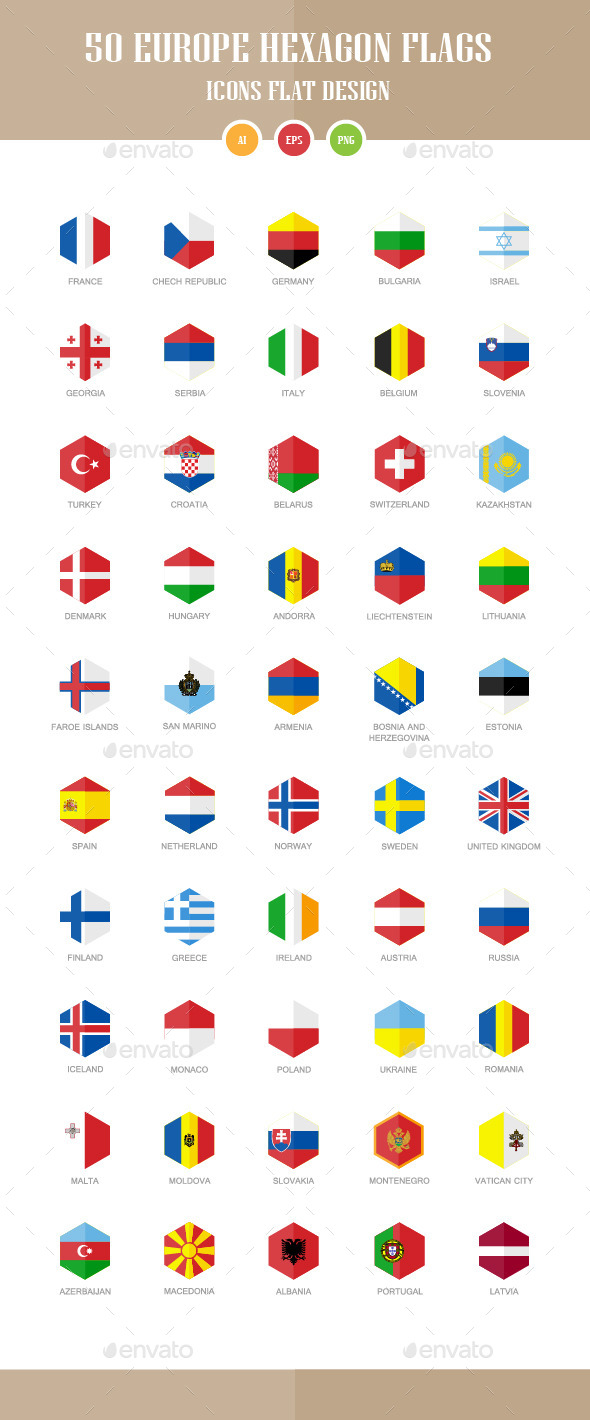 50 Europe Flag Icons. Hexagon Flat Design - Objects Icons