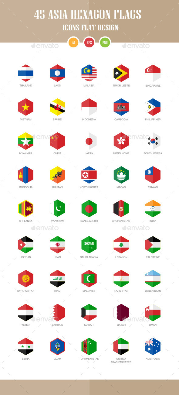 45 Asia Flag Icons. Hexagon Flat Design - Objects Icons