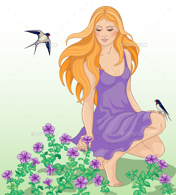 Girl, Flowers and Swallows - People Characters