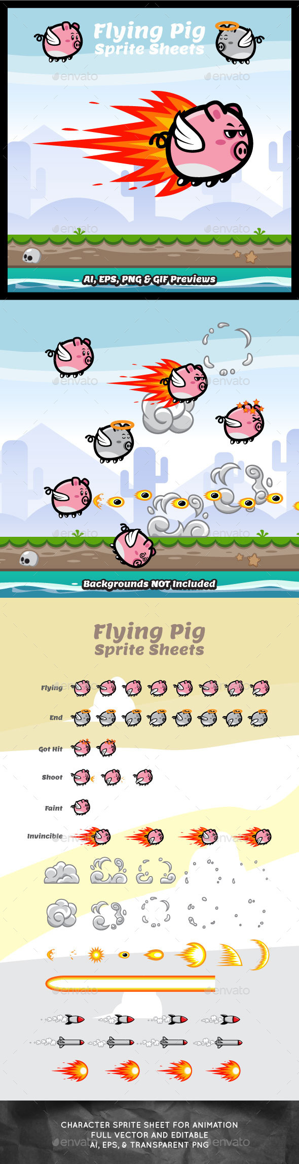 Game Character Flying Pig Sprite Sheets - Sprites Game Assets