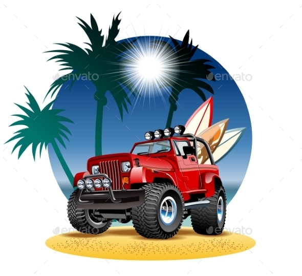 Cartoon 4x4 Car on Beach - Man-made Objects Objects