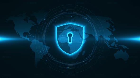 Blue security shield with head up display echnology interface and futuristic elements