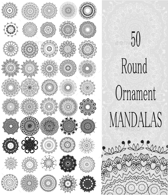 Set of 50 Ornament Round Mandalas - Flowers & Plants Nature