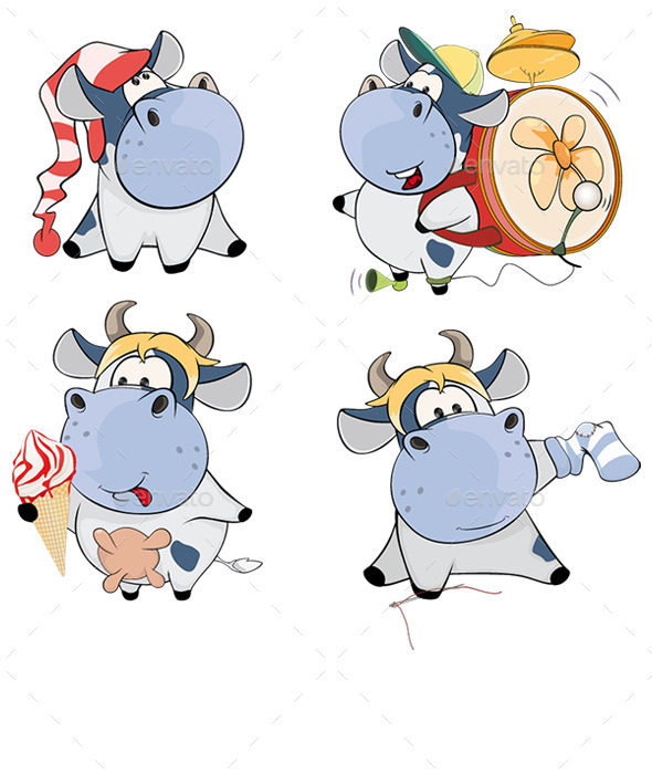 Set of Cows Cartoon - Animals Characters