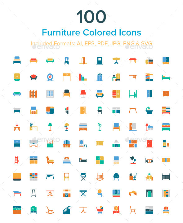 100 Furniture Colored Icons - Man-made objects Objects