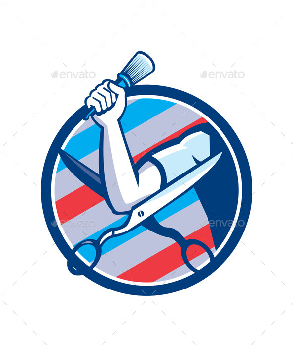 Barber Hand Brush Scissors Circle Retro - People Characters