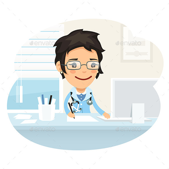 Woman Doctor Character Sitting at the Desk - Health/Medicine Conceptual