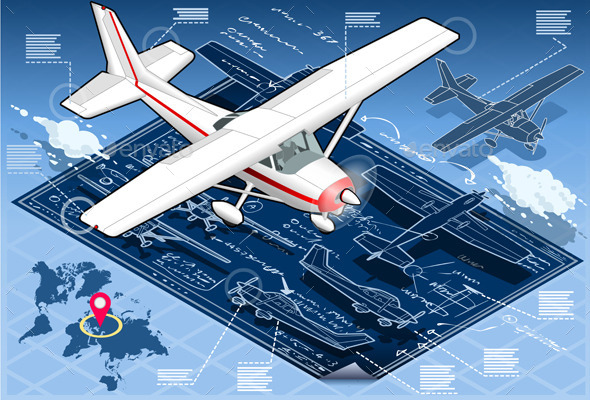 Isometric Infographic Airplane Blue Print - Man-made Objects Objects