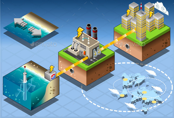 Isometric Infographic Underwater Turbines - Buildings Objects