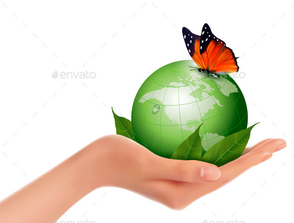 Green World with Leaf and Butterfly in Woman Hand - Nature Conceptual