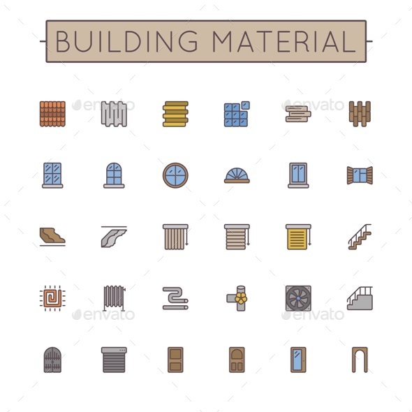 Vector Colored Building Material Line Icons - Business Icons