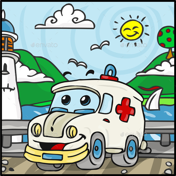 Cartoon Ambulance Character with Lake - Miscellaneous Characters