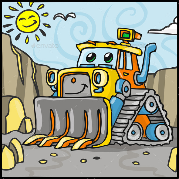Cartoon Bulldozer Character with Quarry - Miscellaneous Characters