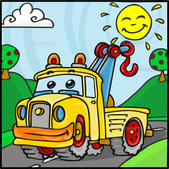 Cartoon Tow Truck Character with Hills Background - Miscellaneous Characters