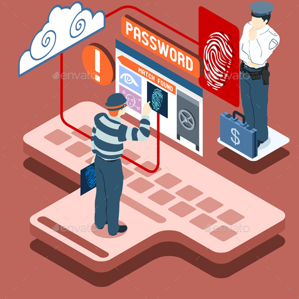 Isometric Infographic Thief Biometric Recognition - People Characters