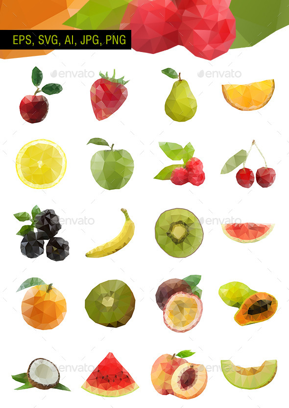 Polygonal Vector Fruit - Set of 20 - Food Objects