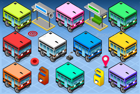 Isometric Rainbow Buses - Objects Vectors