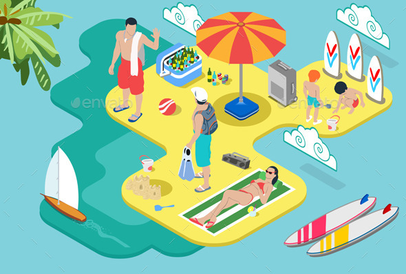 Isometric Beach Life - Summer Holidays Concept - People Characters