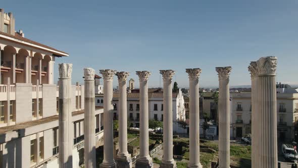Close-up of columns of the remains of a Roman temple. Aerial view. Cordoba. Spain