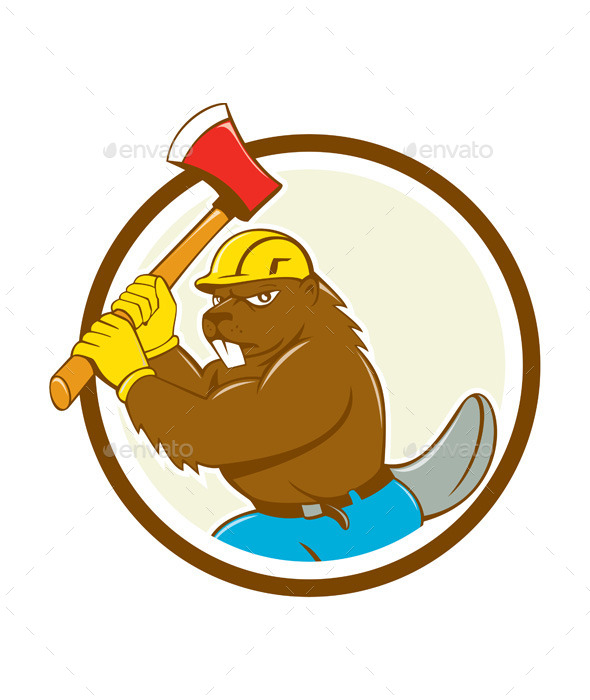 Beaver Lumberjack Wielding Ax Circle Cartoon - Animals Characters