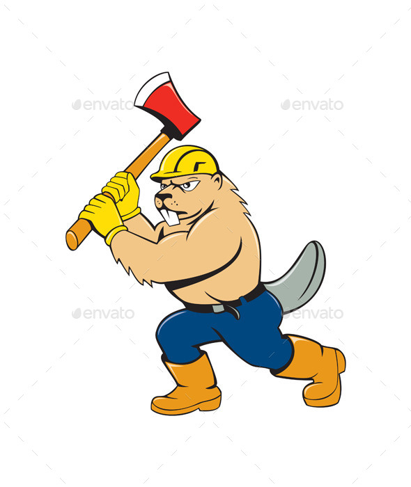 Beaver Lumberjack Wielding Ax Cartoon - Animals Characters