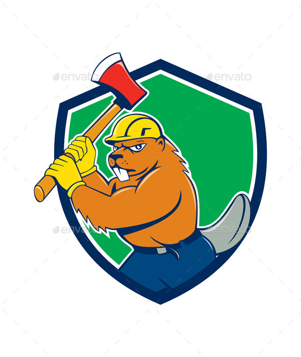 Beaver Lumberjack Wielding Ax Shield Cartoon - Animals Characters