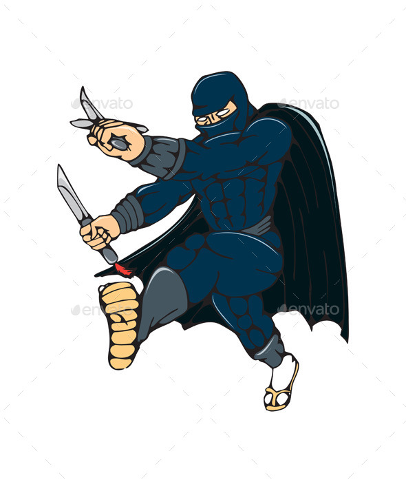 Ninja Masked Warrior Kicking Cartoon - People Characters
