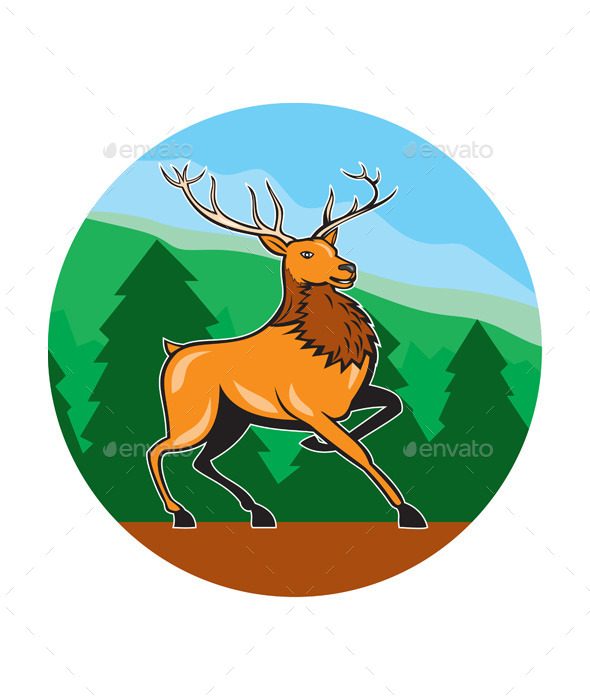 Red Stag Deer Side Marching Circle Cartoon - Animals Characters