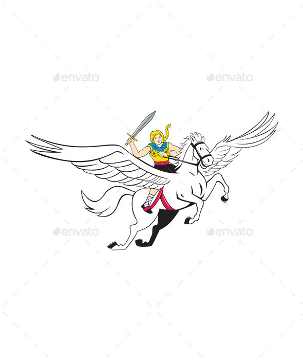 Valkyrie Amazon Warrior Flying Horse Cartoon - People Characters