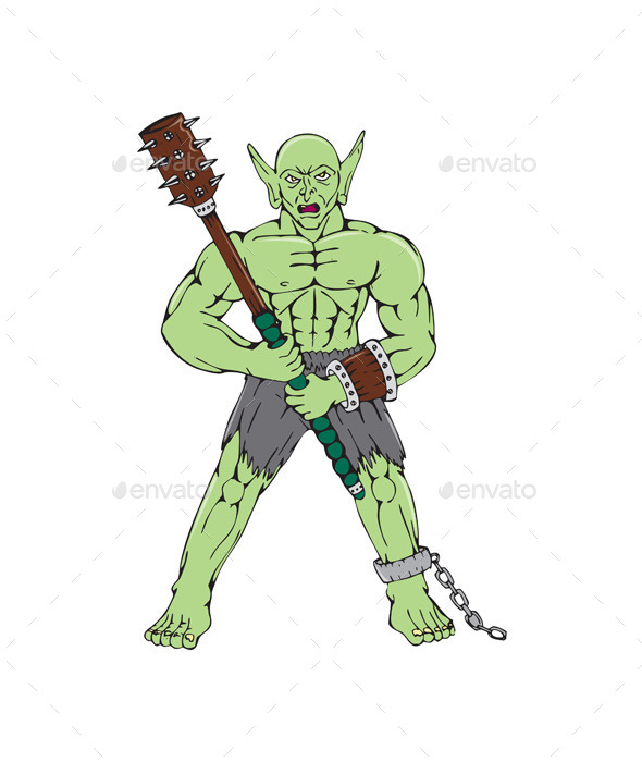 Orc Warrior Wielding Club Cartoon - Monsters Characters