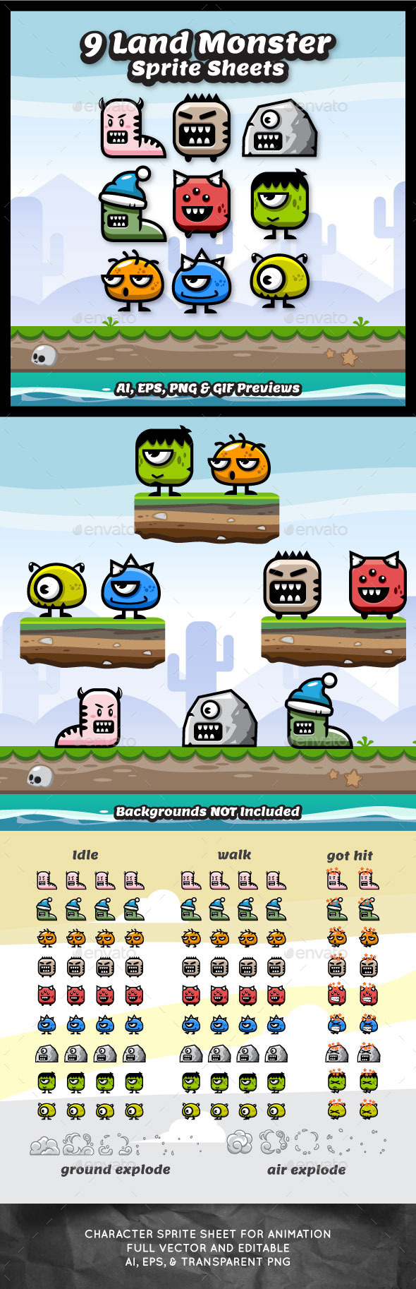9 Enemy Land Monster Spritesheets - Sprites Game Assets