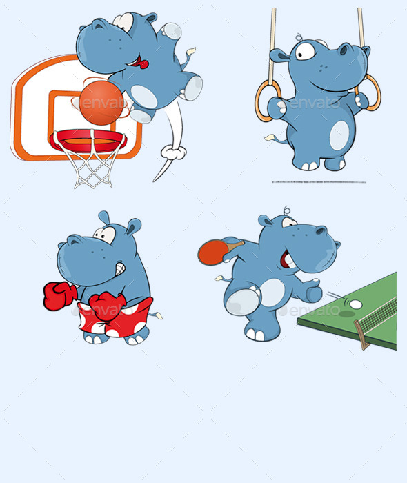 Set of Hippos Cartoon - Sports/Activity Conceptual