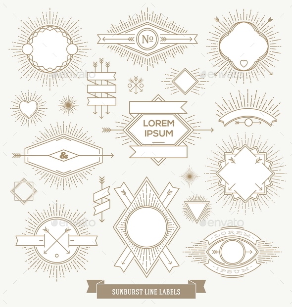 Hipster Line Labels and Emblem with Sunburst - Decorative Vectors