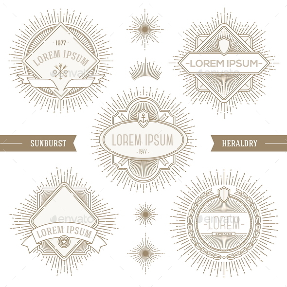 Set of Line Heraldic Emblems with Sunburst - Decorative Vectors