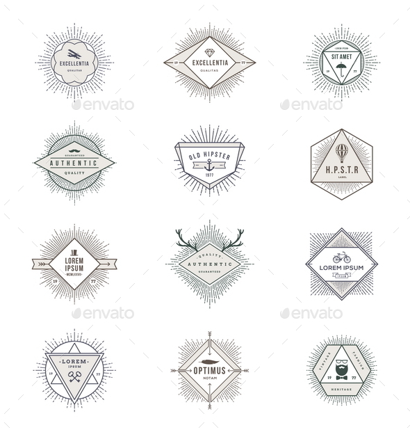 Set of Hipster Signs and Emblems with Sunburst - Vectors