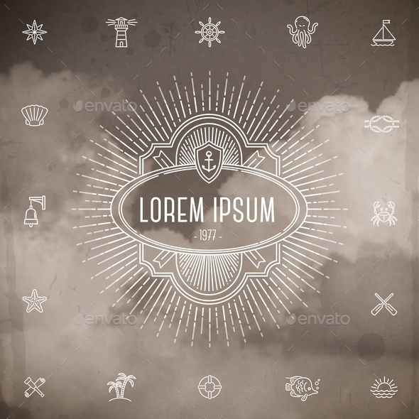 Emblem with Sunburst and Set of Travel Icons - Travel Conceptual