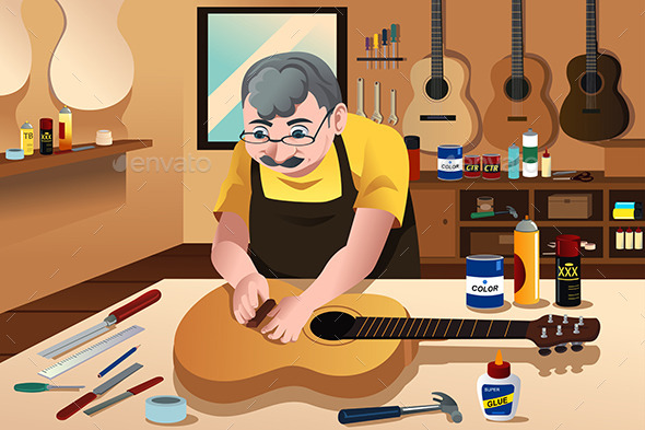 Guitar Maker Working in His Shop - People Characters