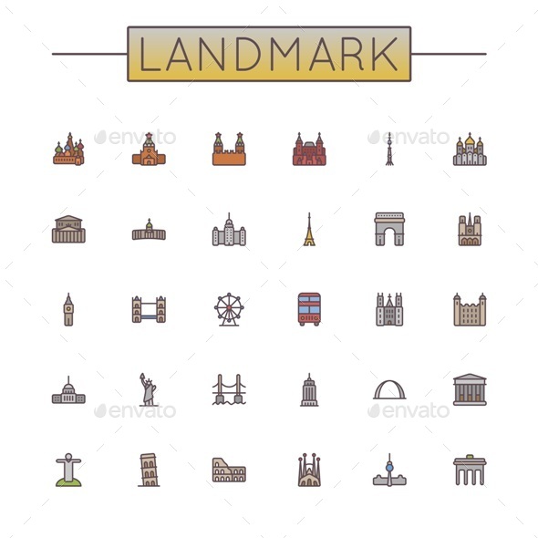 Colored Landmark Line Icons - Travel Conceptual
