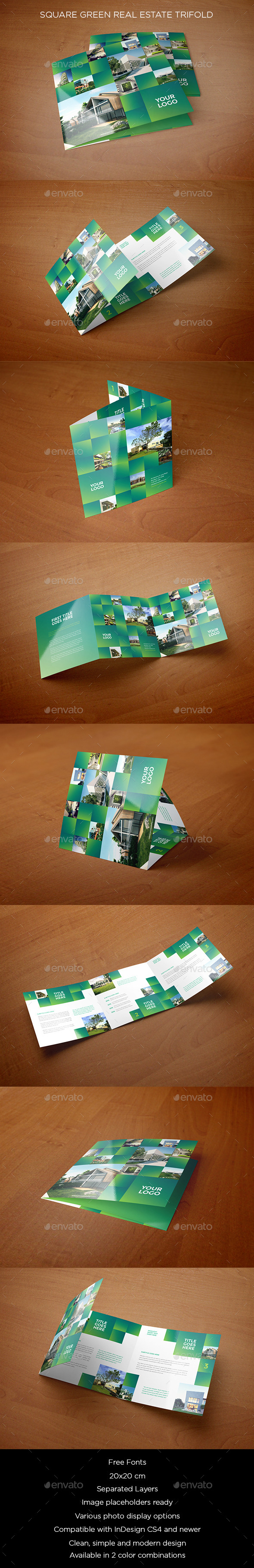 Square Green Real Estate Trifold - Brochures Print Templates