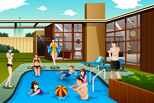 Family and Friends in Swimming Pool - Sports/Activity Conceptual