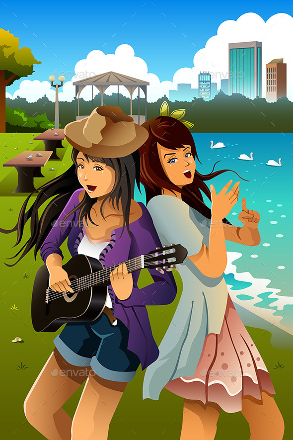 Teenage Girls Singing and Playing Guitar - People Characters