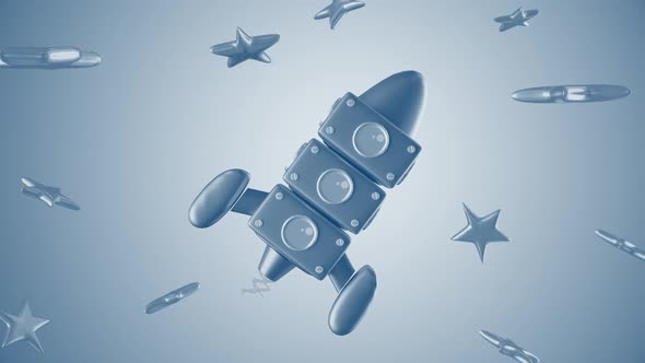 3d Cartoon Toy Rocket Between Stars Blue Kids Background