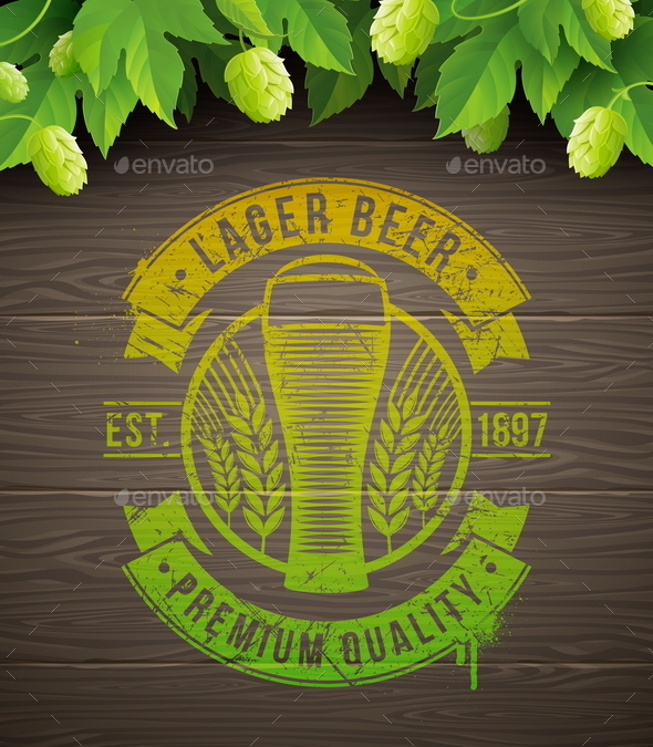 Beer Emblem on Wooden Surface and Ripe Hop - Food Objects