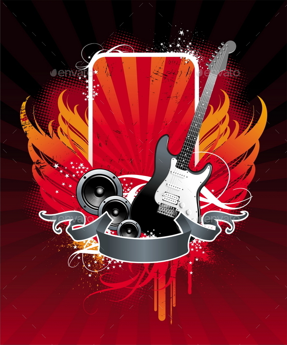 Grunge Musical Banner with Electro Guitar and Loud - Vectors